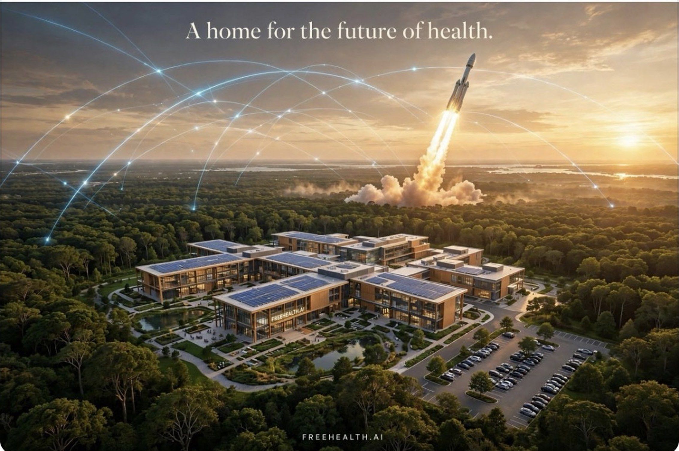 Epic aerial concept visualization of the proposed FreeHealth.ai campus on Long Island at sunset — campus buildings in the forest, a rocket launching, and network arcs overhead